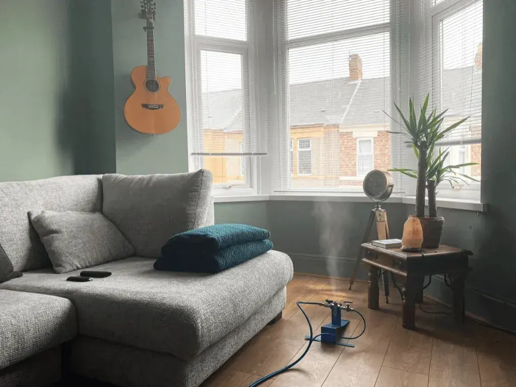 A bay-windowed living room during a dry fog treatment
